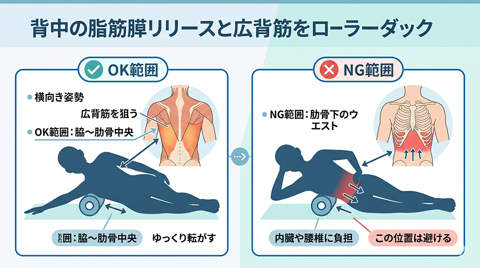 脇腹寄りのリリースと広背筋をローラーダック
